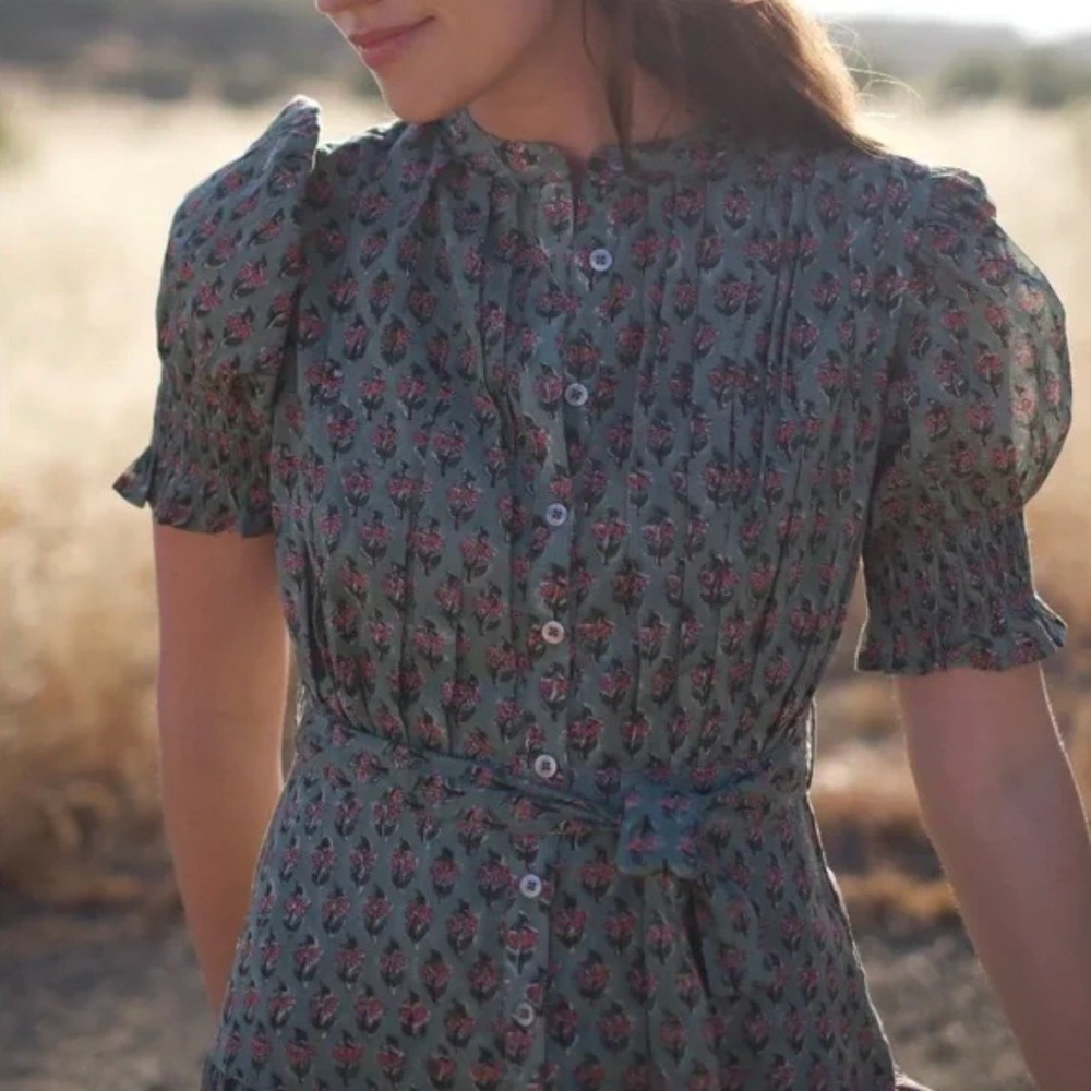 Daughters of India Prairie Dress XS Sage Green Floral Button Front Midi Cottage - Picture 4 of 12